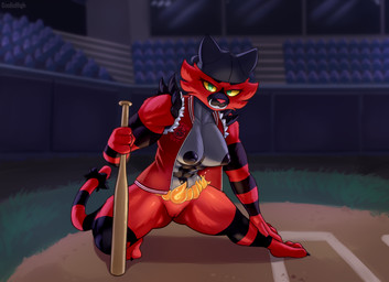 anthro areola baseball_bat baseball_field bat_(object) black_areola black_nipples bottomless breasts clothed clothing detailed_background female genitals grass green_eyes innie_vulva jacket looking_at_viewer mostly_nude nipples plant pointy_breasts sleeveless_clothing solo stadium thick_thighs topwear vulva yellow_sclera cooliehigh nintendo pokemon generation_7_pokemon incineroar pokemon_(species) 2020 hi_res