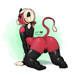 anus armwear black_armwear black_clothing black_elbow_gloves black_gloves black_handwear black_horn black_legwear black_shirt black_tank_top black_thigh_highs black_topwear braided_hair braided_ponytail bulge bulge_from_behind clothing cream_hair ear_piercing ear_ring elbow_gloves eyeshadow femboy gloves hair handwear horn kneeling legwear looking_at_viewer looking_back looking_back_at_viewer makeup male perineum piercing pointy_ears ponytail presenting presenting_anus raised_tail red_body red_skin red_tail ring_piercing shirt simple_background solo tail tank_top text thigh_highs topwear lonely_cri junno_(cri) demon demon_humanoid humanoid artist_name