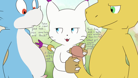 anthro anthro_on_anthro big_glans big_penis blue_eyes circumcised comparing comparing_penis cuckold cut_vs_uncut degradation dialogue erection female foreskin genitals glans green_eyes group group_sex humanoid_genitalia humanoid_penis humiliation insult male micropenis penis penis_envy penis_humiliation penis_size_difference profanity red_eyes semi-anthro sex simple_background small_penis small_penis_humiliation text threesome trio mintyskin bandai_namco digimon agumon digimon_(species) felid gatomon mammal reptile scalie veemon 16:9 2018 english_text hi_res widescreen