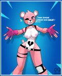 anthro belt blue_background border breasts broken_heart choker clothing dialogue exclamation_point eye_scar facial_scar female fingerless_gloves fur genitals gloves handwear heart_eyes heart_nose heart_symbol hug jewelry knee_pads necklace nipples outline outstretched_arms pink_body pink_fur pussy scar simple_background solo speech_bubble speed_lines tail tail_motion tailwag talking_to_viewer tongue tongue_out white_border zhenai epic_games fortnite cuddle_team_leader bear mammal 2022 alternate_version_at_source digital_media_(artwork) hi_res