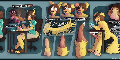 animal_genitalia animal_penis anthro anthro_on_anthro balls black_border bodily_fluids border bottomwear breasts brown_body brown_fur brown_hair butt canine_genitalia canine_penis chair clothing cum cumshot dialogue duo ejaculation electronics emoji erection eyewear fingerpads fur furniture genital_fluids genitals glasses growth gynomorph gynomorph/male hair heart_symbol holding_object holding_phone human_on_anthro human_to_anthro intersex intersex/male interspecies keysmash_text knot knotted_penis male nipples nude office_chair pawpads penis pet_praise phone praise presenting presenting_hindquarters round_glasses shirt shorts simple_background sitting smile solo_focus species_transformation surprised table tail tail_growth text tongue tongue_out topwear torn_clothing transformation sapphicslob katrina_(sapphicslob) maxwell_(knowreturn) canid canine canis domestic_dog human mammal 2025 digital_media_(artwork) english_text hi_res trans_(lore) trans_woman_(lore)
