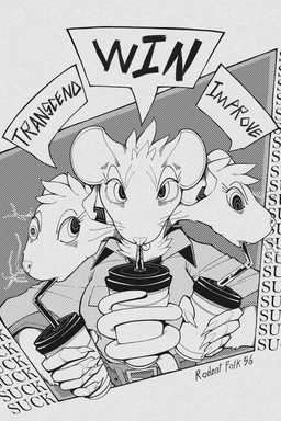 3_heads anthro beverage clothed clothing container cup drinking drinking_straw female fur holding_object looking_at_viewer multi_head simple_background snout solo speech_bubble text topwear whiskers gompami mammal mouse murid murine rat rodent 2025 2:3 absurd_res english_text hi_res