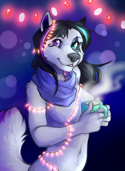 anthro beverage black_body black_fur black_hair black_nose blue_eyes breasts candy chocolate christmas_decorations christmas_lights container cup dessert female food fur grey_nose hair heterochromia holding_container holding_cup holding_mug holding_object holidays hot_chocolate humanoid_hands looking_at_viewer mostly_nude mug nude purple_eyes scarf scarf_only smile snout solo string_lights tail teeth white_body white_fur demicoeur christmas sorina canid canine canis domestic_dog husky mammal nordic_sled_dog spitz 2012 digital_media_(artwork) digital_painting_(artwork) half-length_portrait painting_(artwork) portrait shaded