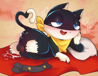 anthro balls bedroom_eyes blush bodily_fluids cum cum_in_ass cum_inside genital_fluids genitals gesture kerchief kerchief_only male mostly_nude narrowed_eyes on_rug paws penis pillow seductive small_penis solo tail tail_gesture tail_heart salamikii atlus megami_tensei persona_(series) persona_5 sega morgana_(persona) domestic_cat felid feline felis mammal hi_res