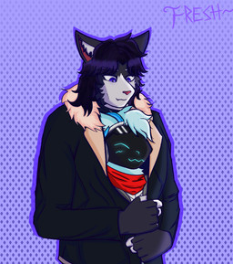 anthro blue_body blue_fur clothing cuddling duo fur hug jacket machine male male/male purple_eyes scarf simple_background topwear freshdacat kenny_(hyperbirdy) ryan_(freshdacat) domestic_cat felid feline felis mammal protogen tuxedo_cat 2026 absurd_res digital_media_(artwork) hi_res