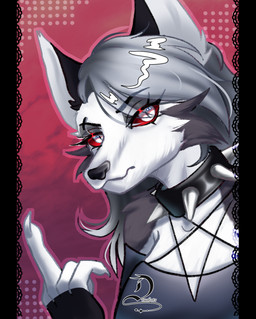 anthro arm_tuft bangs black_clothing black_collar black_ears black_gloves black_handwear breasts cheek_tuft claws clothed clothed_anthro clothed_female clothing collar eye_through_hair eyebrow_through_hair eyebrows eyelashes eyelashes_through_hair facial_tuft female female_anthro finger_claws fingerless_gloves frowning_at_viewer fur gesture gloves grey_body grey_clothing grey_fur grey_hair grey_shirt grey_topwear hair hand_gesture handwear light long_hair looking_at_viewer middle_finger outline pupils red_background red_outline red_sclera shirt shoulder_tuft simple_background slit_pupils solo spiked_collar spikes text topwear translucent translucent_hair tuft white_body white_claws white_eyes white_fur draakots hellaverse helluva_boss mythology loona_(helluva_boss) canid canid_demon canine demon hellhound mammal mythological_canine mythological_creature 2025 artist_name bust_portrait colored digital_drawing_(artwork) digital_media_(artwork) english_description hi_res lighting pillarbox portrait shaded