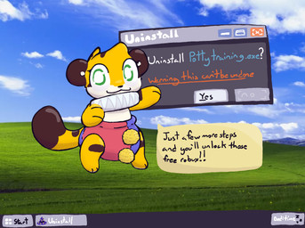 3_fingers 3_toes ambiguous_gender anthro brown_body brown_ears brown_fur brown_markings brown_nose brown_tail brown_tail_tip clean_diaper clothed clothing cloud clown_costume color_coded_text computer_program dialogue diaper dipstick_tail feet fingers fur grass hat headgear headwear markings multicolored_body multicolored_fur neckwear operating_system plant pushbutton ruffled_collar sky smile solo speech_bubble standing tail tail_markings tan_body tan_fur tan_inner_ear text text_box toes two_tone_tail wearing_diaper wizard_hat yellow_body yellow_fur yellow_tail boredomwithfriends bliss_(image) microsoft microsoft_windows windows_xp ace_(boredomwithfriends) felid mammal pantherine tiger 2025 english_text full-length_portrait hi_res portrait