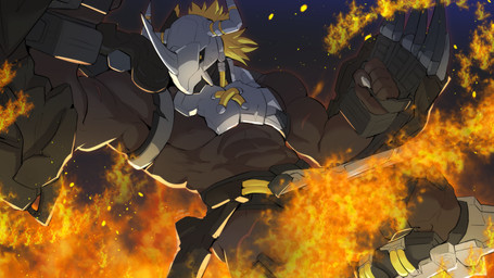 5_fingers abs anthro armor balls barely_visible_balls barely_visible_genitalia barely_visible_penis biceps biped body_armor claws clothed clothing damaged_armor damaged_clothing fingers fire genitals hair headgear helmet male male_anthro muscular muscular_anthro muscular_male nipples pecs penis penis_base red_hair scar solo weapon yellow_body sollyz bandai_namco digimon blackwargreymon digimon_(species) 16:9 2020 widescreen