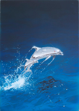 ambiguous_gender antenna_wire breaching duo feral fin grey_body machine metallic_body open_mouth tail text water young hajime_sorayama aquatic cetacean dolphin mammal robot robot_feral toothed_whale 1982 english_text hi_res traditional_media_(artwork)