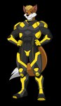 anthro armor armored_boots black_background bulge clothing costume machine male power_armor simple_background solo tight_clothing sparksstars blake_gibson canid canine canis mammal wolf absurd_res hi_res