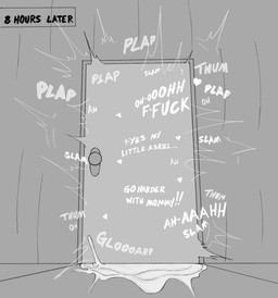 bodily_fluids cum cum_on_ground door ellipsis genital_fluids heart_symbol onomatopoeia profanity sound_effects text time_lapse zero_pictured ddannydemon undertale undertale_(series) asriel_dreemurr toriel english_text hi_res monochrome incest_(lore) mother_(lore) mother_and_child_(lore) mother_and_son_(lore) parent_(lore) parent_and_child_(lore) parent_and_son_(lore) son_(lore)