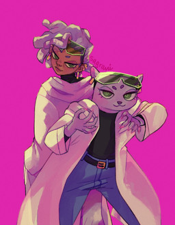 anthro blush clothed clothing dark_body dark_skin duo ear_piercing ear_ring eyewear female fur glasses green_eyes grey_body grey_fur hair looking_at_viewer overcoat piercing ring_piercing simple_background smile sweater topwear turtleneck segravi brand_new_animal studio_trigger marie_itami human mammal mink mustelid musteline true_musteline digital_media_(artwork)