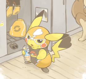 ambiguous_gender beverage bodily_fluids bottle cleft_tail clothed clothing container cosplay_pikachu_(costume) crop_top duo female feral floor footwear holding_bottle holding_container holding_object locker locker_room looking_at_viewer mask midriff mirror open_mouth semi-anthro shirt shoes solo_focus sweat sweatdrop tail topwear water water_bottle wood wood_floor kanannbo nintendo pokemon cosplay_pikachu_(character) pikachu_libre generation_1_pokemon generation_4_pokemon lopunny mammal pikachu pokemon_(species) rodent 2017