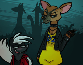 anthro cigarette clothed clothing collar duo_focus ear_piercing eye_contact eyebrow_piercing facial_piercing group half-closed_eyes hoodie jewelry looking_at_another male narrowed_eyes necklace piercing red_eyes smile studded_collar studs topwear inkyfrog disney zootopia fan_character hugh_muskroura deer mammal mephitid skunk 2016