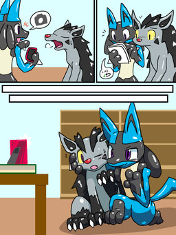 3_fingers 3_toes ambiguous_gender anthro biped black_body black_fur black_markings blue_body blush bookshelf breath claws duo feet feral fingers fur furniture glistening glistening_arms glistening_body glistening_fur glistening_legs gloves_(marking) grey_body hand_on_face hand_spike hug inside kneeling leg_markings legs_together looking_at_another markings nude nude_anthro open_mouth paws purple_eyes quadruped reading red_nose selfie sitting sitting_on_ground socks_(marking) spikes spikes_(anatomy) standing toes yellow_sclera dias_c nintendo pokemon generation_3_pokemon generation_4_pokemon lucario mightyena pokemon_(species) 2023 3:4 colored comic hi_res japanese_description pictographics shaded