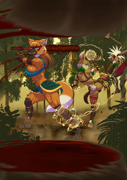 4_toes 5_fingers abs accessory anthro armor asian_clothing athletic athletic_anthro athletic_female axe barefoot big_breasts blood bodily_fluids bottomwear bracelet bracers breasts brown_body brown_fur butt clothed clothed_anthro clothed_female clothed_male clothing cotton_tail duo east_asian_clothing facial_markings feet female femboy fight fingers flower flower_in_hair forest fundoshi fur gloves_(marking) gold_(metal) gold_bracelet gold_jewelry hair hair_accessory harness head_markings hindpaw humanoid_hands japanese_clothing jewelry jungle kick larger_female leather leather_harness leg_markings leg_wraps loincloth macuahuitl male markings melee_weapon multicolored_body multicolored_fur orange_body orange_fur orange_hair outside page_number paws plant size_difference smaller_male socks_(marking) standing tail tan_body tan_fur text toes topless topless_anthro topless_male tree tribal tribal_markings two_tone_body two_tone_fur underwear weapon wraps duart.tales apuana viva_(duart.tales) canid canine lagomorph leporid mammal maned_wolf rabbit 2025 hi_res