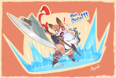 anthro armor axe battle_axe big_breasts breast_expansion breasts cheek_tuft clothing countershade_face countershading dipstick_ears ear_markings exclamation_point expansion facial_tuft fangs female fighting_pose fur fur_markings gameplay_mechanics head_tuft huge_breasts markings multicolored_ears nipples orange_background orange_body orange_eyes orange_fur pose shortstack shortstack_female simple_background solo surprised teeth tuft unconvincing_armor wardrobe_malfunction weapon wide_hips argento atlyss jane_(atlyss) lagomorph leporid mammal poon_(atlyss) rabbit 2025 digital_drawing_(artwork) digital_media_(artwork) hi_res