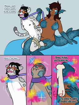ambiguous_gender ambiguous_penetration anthro arms_tied_behind_back bdsm begging black_hair blue_eyes bodily_fluids bondage bound breasts brown_hair cock_transformation collar cum duo ejaculation eyewear female fin fish_tail forced fur genital_fluids genitals glasses gynomorph hair hand_on_penis intersex intersex/female leash leashed_collar legs_tied magic nipples penetration penis snout sparkles spots text transformation transformation_sequence white_body white_fur yellow_eyes sandentwins animal_humanoid aquatic aquatic_humanoid felid fish fish_humanoid humanoid mammal pantherine snow_leopard 3:4 comic english_text hi_res sequence