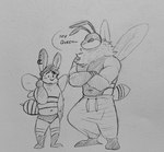 antennae_(anatomy) anthro big_bulge bottomwear bulge clothed clothing costume duo ear_piercing erection erection_under_clothing huge_bulge male muscular muscular_anthro muscular_male navel pants partially_clothed pecs piercing simple_background sweatpants text topless underwear wings lewd_bunnie arthropod bee hymenopteran insect lagomorph leporid mammal rabbit english_text graphite_(artwork) greyscale hi_res monochrome traditional_media_(artwork)