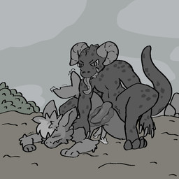 2_penises anal anal_penetration anthro bodily_fluids duo fur genital_fluids genitals hair horn internal male male/male male_penetrated male_penetrating multi_genitalia multi_penis nude penetration penis pinned sex simple_background tail teeth box_of_floof fallout microsoft aquatic deathclaw fish scalie shark 1:1 digital_media_(artwork) monochrome