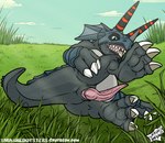 animal_genitalia anus butt claws erection feet genital_slit genitals looking_at_viewer lying male nude open_mouth penis slit smile solo spread_legs spread_slit spreading tail teeth throbbing_penis toes tongue vein veiny_penis smashed_(artist) bandai_namco digimon ceratopsian digimon_(species) dinosaur ornithischian reptile scalie triceramon triceratops digital_media_(artwork) hi_res
