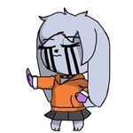 ambiguous_gender anthro bottomwear chibi clothing eyes_closed facial_markings fur gesture grey_body grey_fur hand_gesture hand_on_hip head_markings hoodie markings paws purple_eyes skirt solo stop_gesture topwear renv canid canine mammal 1:1 2023 absurd_res hi_res