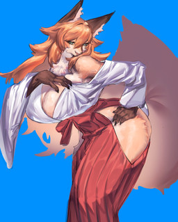 anthro asian_clothing breasts claws cleavage clothed clothing east_asian_clothing female green_eyes hair hollow_hips japanese_clothing miko_outfit solo tail reallycute456 canid canine fox mammal armpit bow_(disambiguation) ginger_(disambiguation) absurd_res hi_res