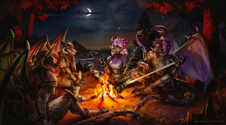anthro armor backpack belt black_body black_scales boots bovid_horn bracers campfire caprine_horn claws clothed clothing cloud detailed_background female fire footwear forest gauntlets gloves greaves group hair handwear holding_melee_weapon holding_object holding_sword holding_weapon horn male melee_weapon membrane_(anatomy) membranous_wings moon night outside pauldron plant ram_horn river scales shoes sitting sky smile star starry_sky sword tail text tree tree_stump water weapon wings bonifasko european_mythology mythology krana_(rejic13) namhias_(rejic13) ragnar_(rejic13) rejic_(rejic13) dragon mythological_creature mythological_scalie scalie western_dragon 2018 digital_media_(artwork) url