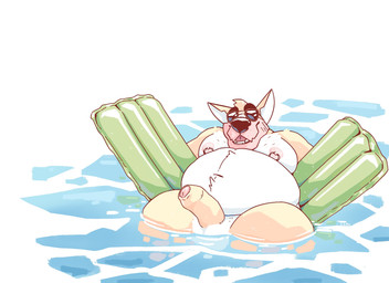 anthro balls belly big_belly black_nose erection eyewear foreskin front_view fur genitals glans humanoid_genitalia humanoid_penis male moobs nipple_piercing nipple_ring nipples nude obese obese_anthro obese_male open_mouth overweight overweight_anthro overweight_male partially_submerged penis piercing pink_glans pink_nipples ring_piercing solo sunglasses white_balls white_body white_fur white_inner_ear yellow_body yellow_fur yellow_penis chocolateandmilk richard_(chocolateandmilk) canid canine canis domestic_dog mammal hi_res