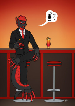 5_fingers anthro claws clothed clothing fingers hair inside long_claws long_nails male necktie open_mouth red_eyes simple_background sitting solo suit tail teeth longblueclaw mythology dragon mythological_creature mythological_scalie scalie 2015 digital_media_(artwork) full-length_portrait hi_res portrait