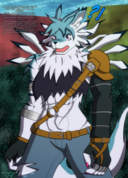 abs after_transformation anthro armband armor armwear belt blue_body blue_fur bottomwear building claws clothing crossgender denim denim_bottomwear denim_clothing ear_piercing ear_ring female fingers fur gloves handwear interrobang jeans mtf_crossgender multicolored_tail muscular muscular_female navel open_mouth pants pauldron piercing purple_eyes ring_piercing scar shirt solo tail tank_top text topwear aj_lethal bandai_namco digimon digimon_(species) weregarurumon english_text hi_res spanish_text translated