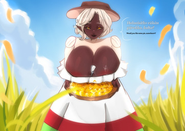 anthro areola areola_slip big_breasts black_breasts black_lips breasts clothing cloud doll doll_joints female field food grass_field hair hat headgear headwear huge_breasts hyper hyper_breasts leaning_towards_viewer lips looking_at_viewer looking_down looking_down_at_viewer manabita_(folklore) napkin object_between_breasts offering_food pastry pie short_hair silverware sky solo tall_female text white_hair yellow_eyes hikariero ali_sharp animate_inanimate bovid caprine living_doll mammal sheep absurd_res english_text finnish_text hi_res