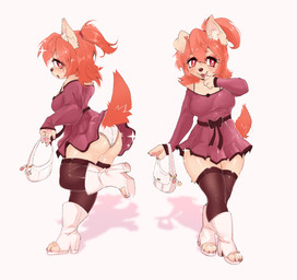 anthro boots clothed clothing clothing_lift dress dress_lift female footwear glistening glistening_body hair high_heeled_boots high_heels lace_panties legwear oil panties panty_peek pawpads ponytail shoes solo stockings tail thigh_highs underwear cinnamofox biscuit_(blasticussaturn) canid canine mammal hi_res