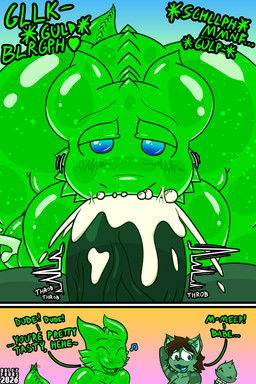 anthro balls bandage bandaged_tail bedroom_eyes big_balls big_penis blue_eyes blue_tongue bodily_fluids brown_hair bubble butt cheek_frill chest_tuft cum cum_bubble cum_in_mouth cum_inside dialogue duo ejaculation erection fangs fellatio first_person_view frill_(anatomy) fur genital_fluids genitals glistening glistening_body green_body green_fur hair hands-free happy horn huge_balls huge_penis humanoid_genitalia humanoid_penis hyper hyper_genitalia hyper_penis looking_at_viewer looking_pleasured male male/male male_penetrating musical_note musical_symbol narrowed_eyes nude onomatopoeia open_mouth oral oral_penetration orgasm overweight overweight_anthro overweight_male penetration penile penis romantic romantic_couple seductive sex simple_background simultaneous_orgasms smile sound_effects symbol tail tail_motion tail_ridge tail_tuft tailwag teeth text throbbing throbbing_penis tongue tuft vein veiny_penis daletfours mythology eth_(eth) honeydew_(daletfours) alien dragon felid feline goo_creature goo_dragon mammal mythological_creature mythological_scalie scalie absurd_res hi_res