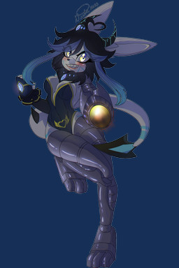 3_toes amber_eyes anthro arm_cannon armwear black_hair blue_markings clothed clothing cybernetic_arm cybernetic_leg cybernetic_limb elbow_gloves feet female fingerless_gloves fist gloves grin hair handwear horn long_ears markings partially_clothed sleeveless_dress smile solo spade_tail tail toes topwear weapon_arm white_body white_tail niitre sega sonic_the_hedgehog_(series) velatis_ferio_caedo unknown_species 2:3 absurd_res alpha_channel hi_res