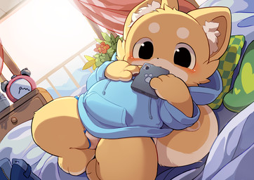 alarm_clock anthro balcony bed blue_clothing blue_hoodie blue_seam_briefs blue_topwear briefs cellphone clock clothing curtains detailed_background electronics flower furniture hoodie inner_ear_fluff male phone pillow plant pupils smartphone solo tighty_whities topwear tuft underwear white_briefs white_clothing white_underwear young young_anthro moketiw canid canine canis domestic_dog mammal shiba_inu spitz hi_res