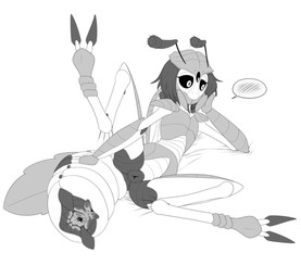 animal_genitalia antennae_(anatomy) anthro arthropod_abdomen arthropod_abdomen_genitalia arthropod_abdomen_vulva black_eyes butt cerci_(anatomy) cloaca embarrassed exoskeleton female genitals hair multi_limb presenting presenting_hindquarters raised_leg shy solo unusual_anatomy unusual_genitalia unusual_vulva vulva redboard out-of-placers yannit arthropod humanoid indrel insect greyscale monochrome