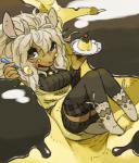 anthro blush breasts brown_eyes cake cake_sitting clothed clothing dessert female flan food food_fetish food_play grey_hair hair high-angle_view kemono legwear long_hair looking_at_viewer micro on_food pudding solo stockings sweater topwear utsuki_maito bovid caprine domestic_goat goat mammal