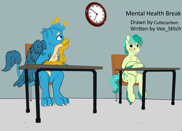 blush classroom duo male school semi-anthro text cutiecarbon friendship_is_magic hasbro my_little_pony mythology gallus_(mlp) sandbar_(mlp) avian equid equine gryphon horse mammal mythological_avian mythological_creature cover english_text hi_res