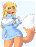 anthro biped blonde_hair blue_background blue_clothing blue_sweater blue_topwear border breasts chest_tuft cleavage cleavage_cutout clothed clothing countershade_fur countershade_torso countershading cutout dipstick_ears dipstick_tail ear_markings female fur green_eyes hair keyhole_turtleneck long_hair looking_at_viewer markings multicolored_ears orange_body orange_fur simple_background snout solo sweater tail tail_markings topwear tuft turtleneck white_border white_ear_tips white_tail_tip zyira tilki_(vaporjay) mammal 2017 digital_media_(artwork) hi_res portrait shaded three-quarter_portrait