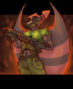 abs abstract_background alternate_costume anthro bottomwear brown_body clothed clothed_anthro clothed_male clothing combat_gear cosplay fingers green_bottomwear green_clothing green_pants green_topwear green_vest gun holding_gun holding_object holding_ranged_weapon holding_weapon humanoid_hands looking_at_viewer low-angle_view male markings mask mature_anthro mature_male muscular muscular_anthro muscular_male navel non-mammal_navel orange_body orange_eyes pants ranged_weapon serious_face shotgun solo standing striped_markings stripes topwear vest weapon wings bookbin cavemanon_studios doom_(series) id_software microsoft snoot_game doom_slayer ripley_(snoot_game) prehistoric_species pterosaur reptile scalie colored half-length_portrait hi_res portrait shaded
