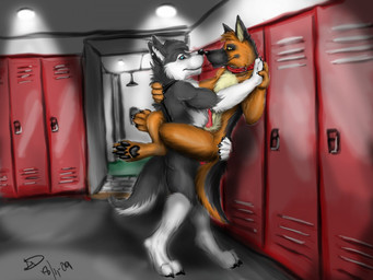 against_surface against_wall animal_genitalia anthro anthro_on_anthro blue_eyes chest_tuft collar communal_shower duo erection feet fur genitals grey_body grey_fur hand_holding hindpaw locker locker_room male male/male paws penis piercing public public_sex sex sheath shower tail tongue tuft labbedog canid canine canis domestic_dog german_shepherd herding_dog husky mammal nordic_sled_dog pastoral_dog spitz 4:3