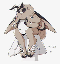 ambiguous_gender antennae_(anatomy) anthro black_body black_eyes black_fur black_wings bodily_fluids compound_eyes duo fur grey_body male multi_limb neck_tuft nude red_wings smile sweat tan_body tan_fur text tuft white_body white_fur white_wings wings sannota272 arthropod human insect lepidopteran mammal moth 2022 dated hi_res japanese_text translation_request