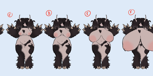 anthro big_breasts body_size_growth breasts chart female grumpy huge_breasts hyper hyper_breasts nipples pink_nipples size_chart size_tiering size_transformation small_breasts solo standing transformation cotard cow_(cotard) bovid bovine cattle highland_cattle mammal absurd_res hi_res long_image wide_image