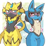 ambiguous_gender anthro black_body black_fur blue_body blue_eyes blue_fur blush duo fur lightning_whiskers navel red_eyes standing yellow_body yellow_fur acky05 nintendo pokemon generation_4_pokemon generation_7_pokemon legendary_pokemon lucario pokemon_(species) zeraora 1:1 2020 hi_res