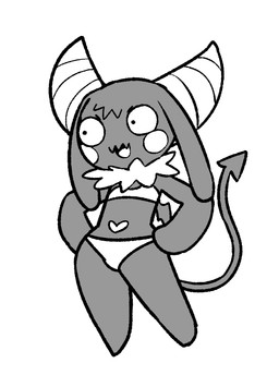 2_horns anthro belly belly_markings black_body black_ears black_fur black_tail black_tuft black_wings bra cheek_markings circle_(marking) clothing facial_markings featureless_feet featureless_hands feet female female_anthro floppy_ears fur hands_on_hips hands_on_own_hips head_markings heart_(marking) horn long_ears lop_ears markings membrane_(anatomy) membranous_wings open_mouth open_smile panties pupils simple_background small_pupils small_wings smile solo spade_tail standing tail tongue tuft underwear white_background white_bra white_cheeks white_clothing white_horn white_markings white_panties white_tongue white_underwear wings o-den bibi_(o-den) demon succubus 2026 digital_media_(artwork) monochrome