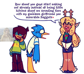 ambiguous_gender anthro antlers beak blonde_hair blue_body blue_feathers blush brown_body brown_fur brown_hair buckteeth eyewear feathers female fur glasses group hair heart_symbol horn male nerd profanity slur smile teeth text trio trvke vo1d_zzz deltarune undertale_(series) berdly kris_dreemurr noelle_holiday avian bird deer human mammal english_text