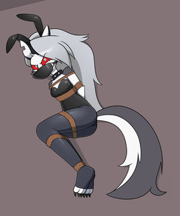 anthro bdsm bondage bound breasts bunny_costume claws clothing collar costume fake_ears fake_rabbit_ears female gag looking_at_viewer muzzle_(object) muzzle_gag muzzled red_sclera restraints rope rope_bondage small_breasts solo spiked_collar spikes toe_claws toeless_pantyhose nivek15 hellaverse helluva_boss mythology loona_(helluva_boss) canid canid_demon canine demon hellhound mammal mythological_canine mythological_creature 5:6 hi_res
