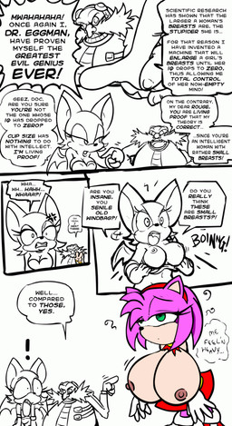 anthro big_breasts big_eyes big_head bottomwear breast_envy breasts clothed clothing derp_eyes dialogue exclamation_point facial_hair female flashing fur grin group huge_breasts humor i_went_there male mouth_coming_off_face mustache nipples pink_body pink_fur science skirt smile surprised text toony topless unknown_artist sega sonic_the_hedgehog_(series) amy_rose dr._eggman rouge_the_bat bat eulipotyphlan hedgehog human mammal bad_metadata comic english_text missing_sample monochrome partially_colored
