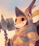 anthro armor backpack buckteeth clothed clothing hammer headgear helmet looking_at_viewer male maul simple_background smile solo teeth tools weapon salanchu armello league_of_geeks barnaby_(armello) lagomorph leporid mammal rabbit 2018 digital_media_(artwork) digital_painting_(artwork) warm_colors